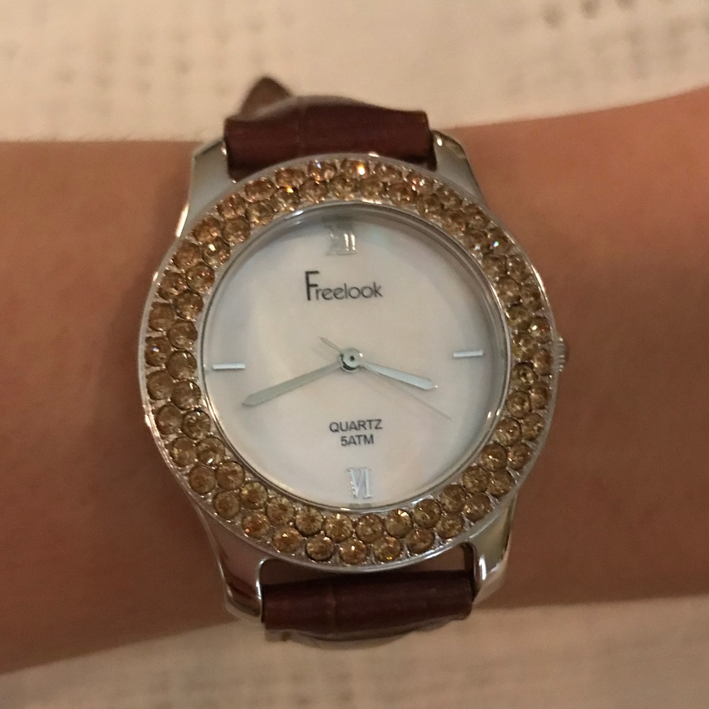 Freelook Brown Watch- Crystals & Leather Strap